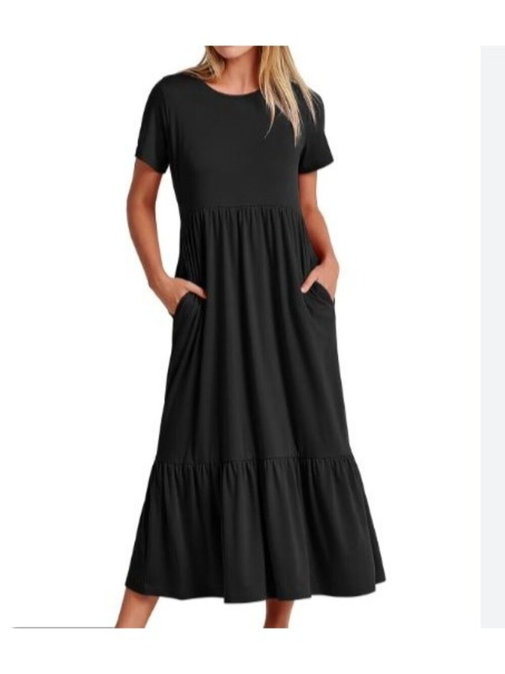 Mengpipi Short Sleeve Tiered Midi Dress Womens XXL Black New Boho Cottage